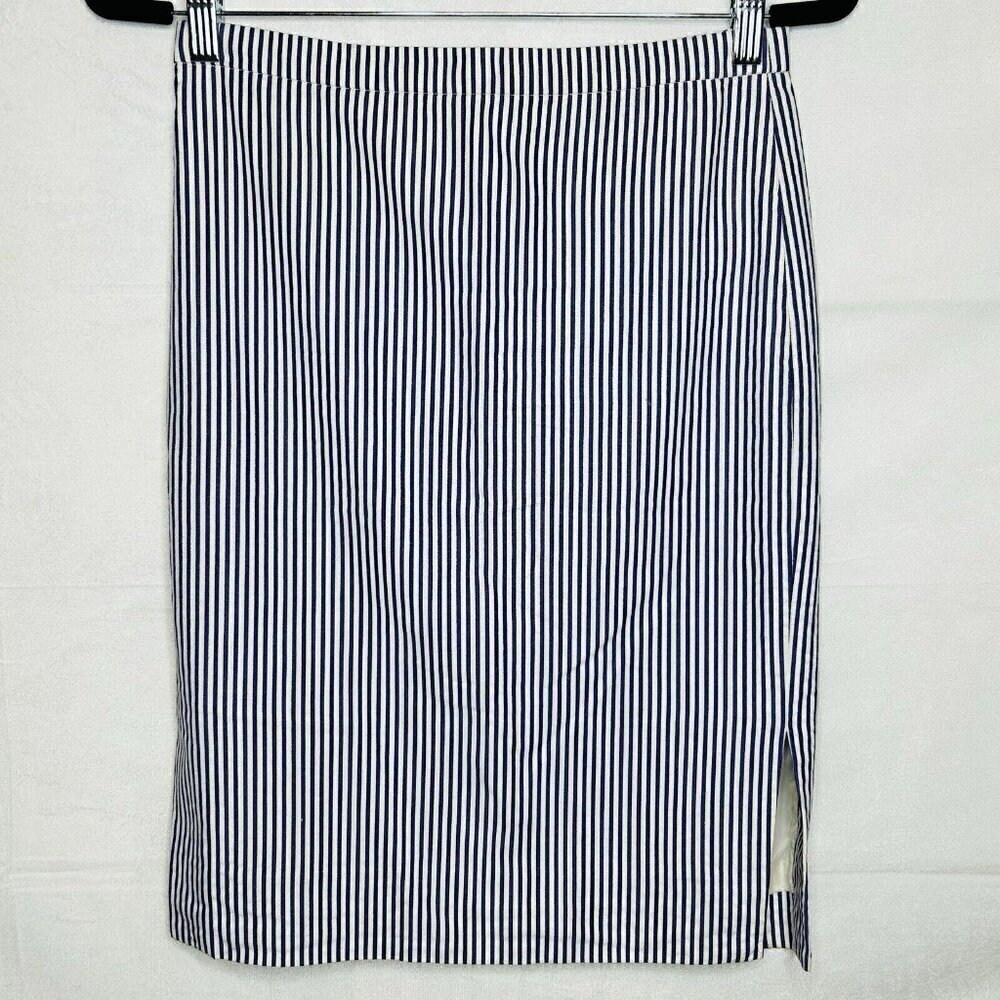 J. CREW Pencil Skirt Blue White Striped Cotton Lined Women's Size 0 Slit NWOT